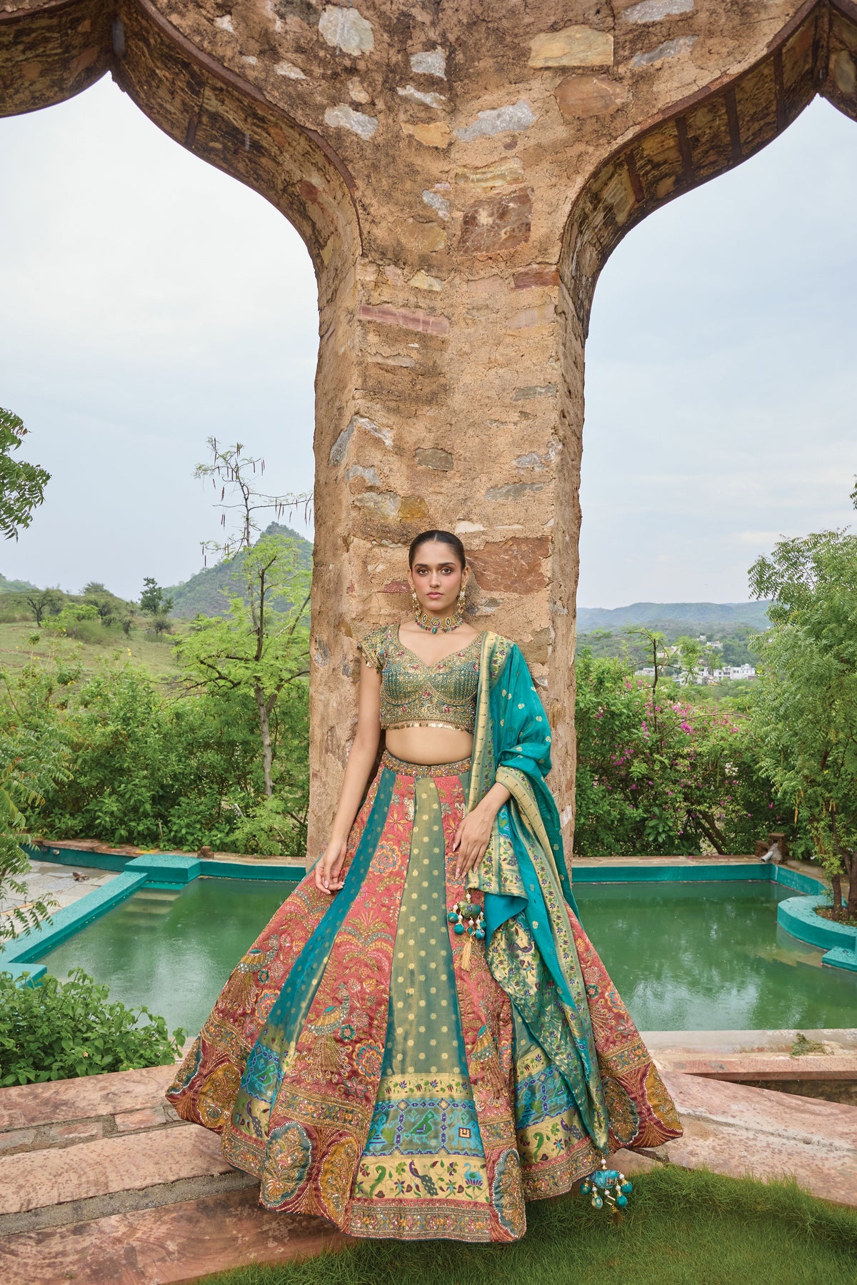 Mishty teal and rose peacock banarasi lehenga set, full length