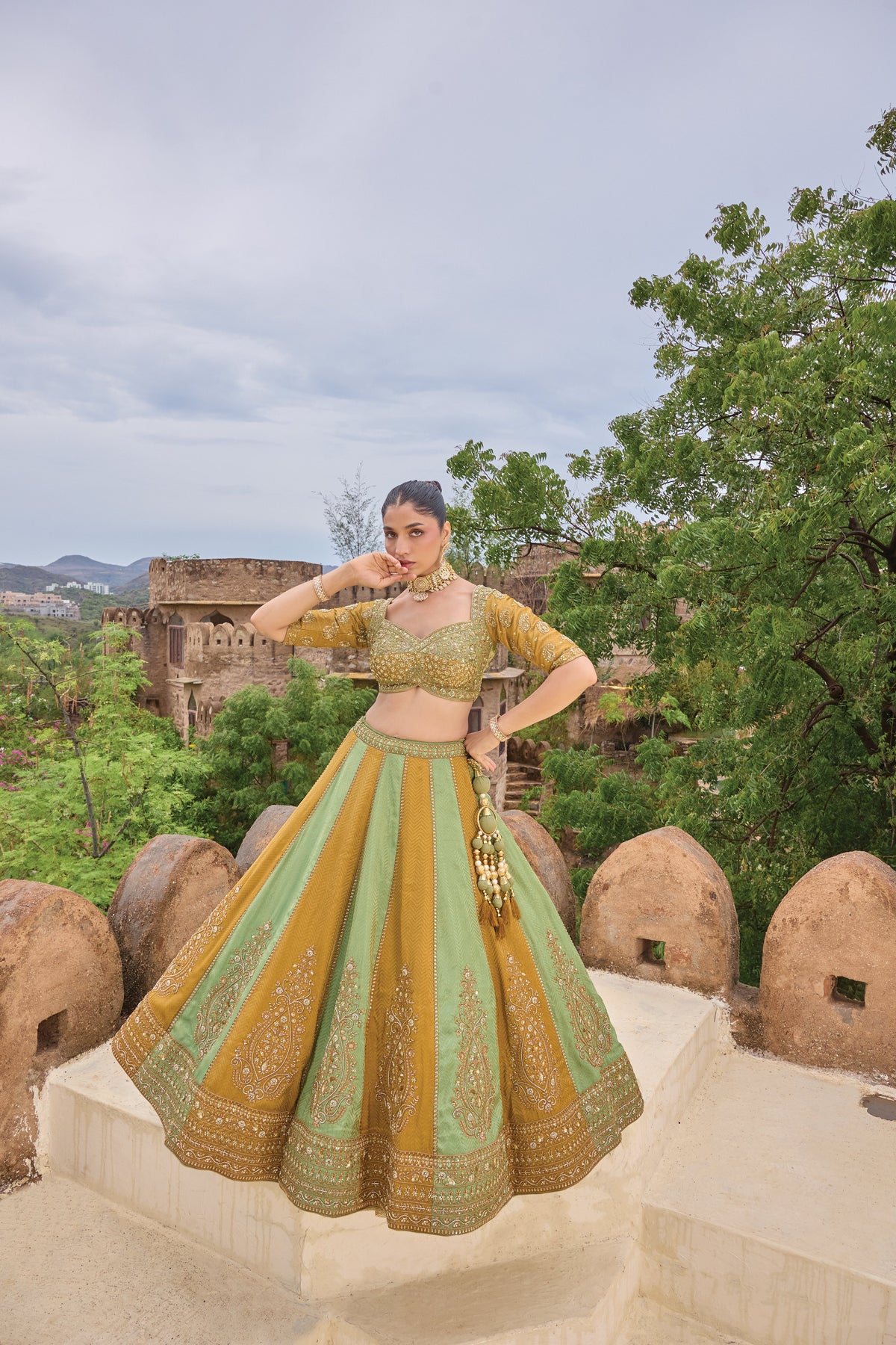 Mrunal mustard and sage panelled lehenga set, full length