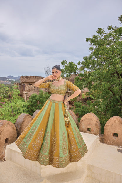 Mrunal mustard and sage panelled lehenga set, full length