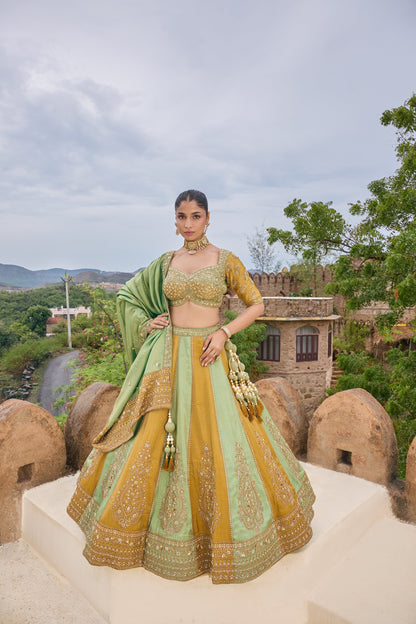 Mrunal panelled lehenga with sage dupatta