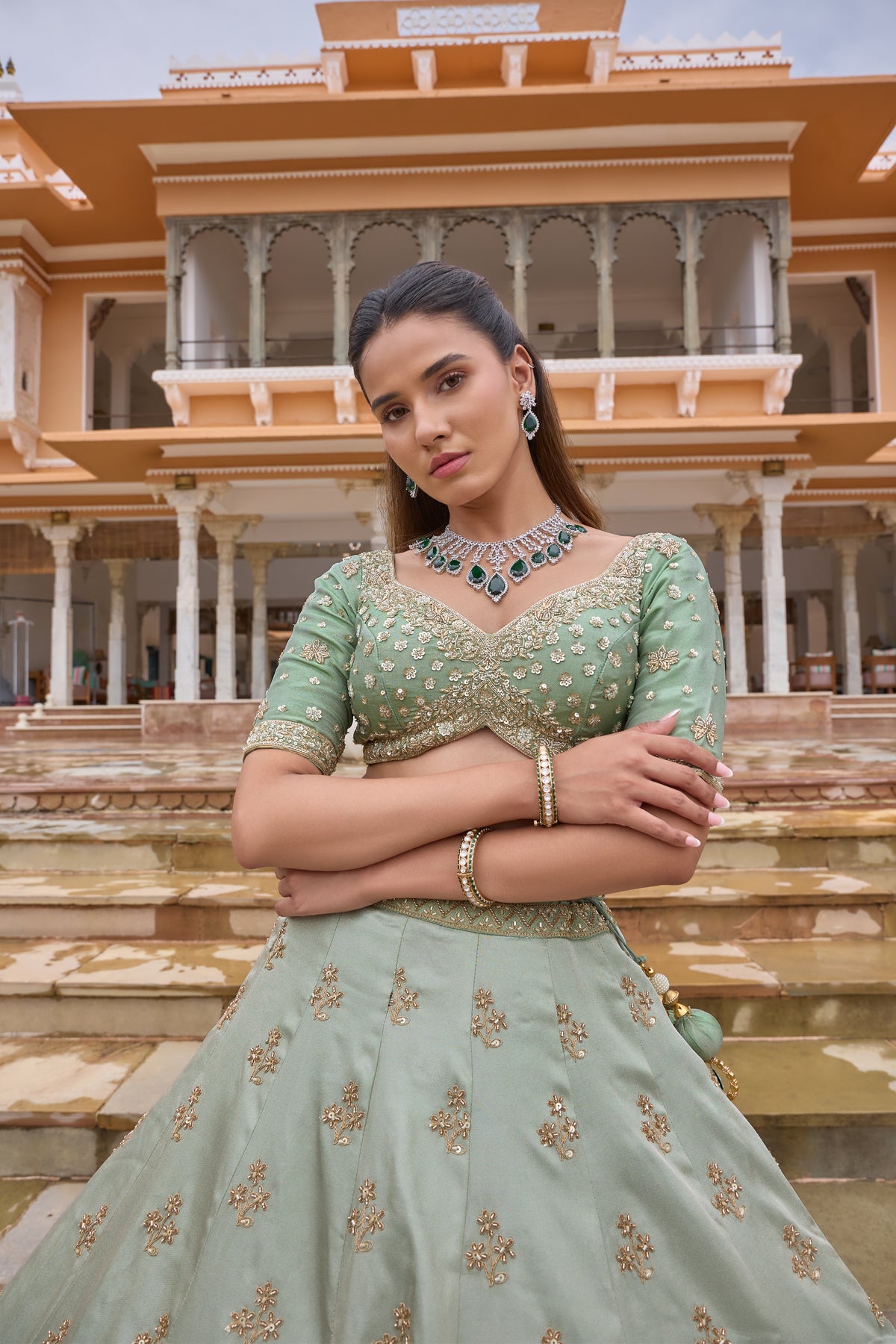 Paryushi green lehenga with organza dupatta