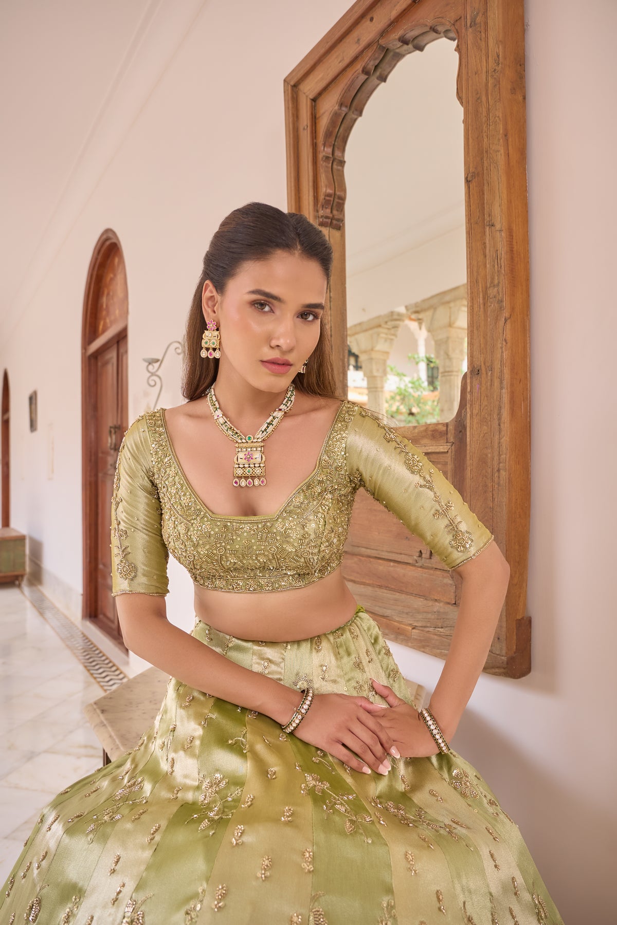 Pragnika lehenga, blouse and panelled skirt close-up