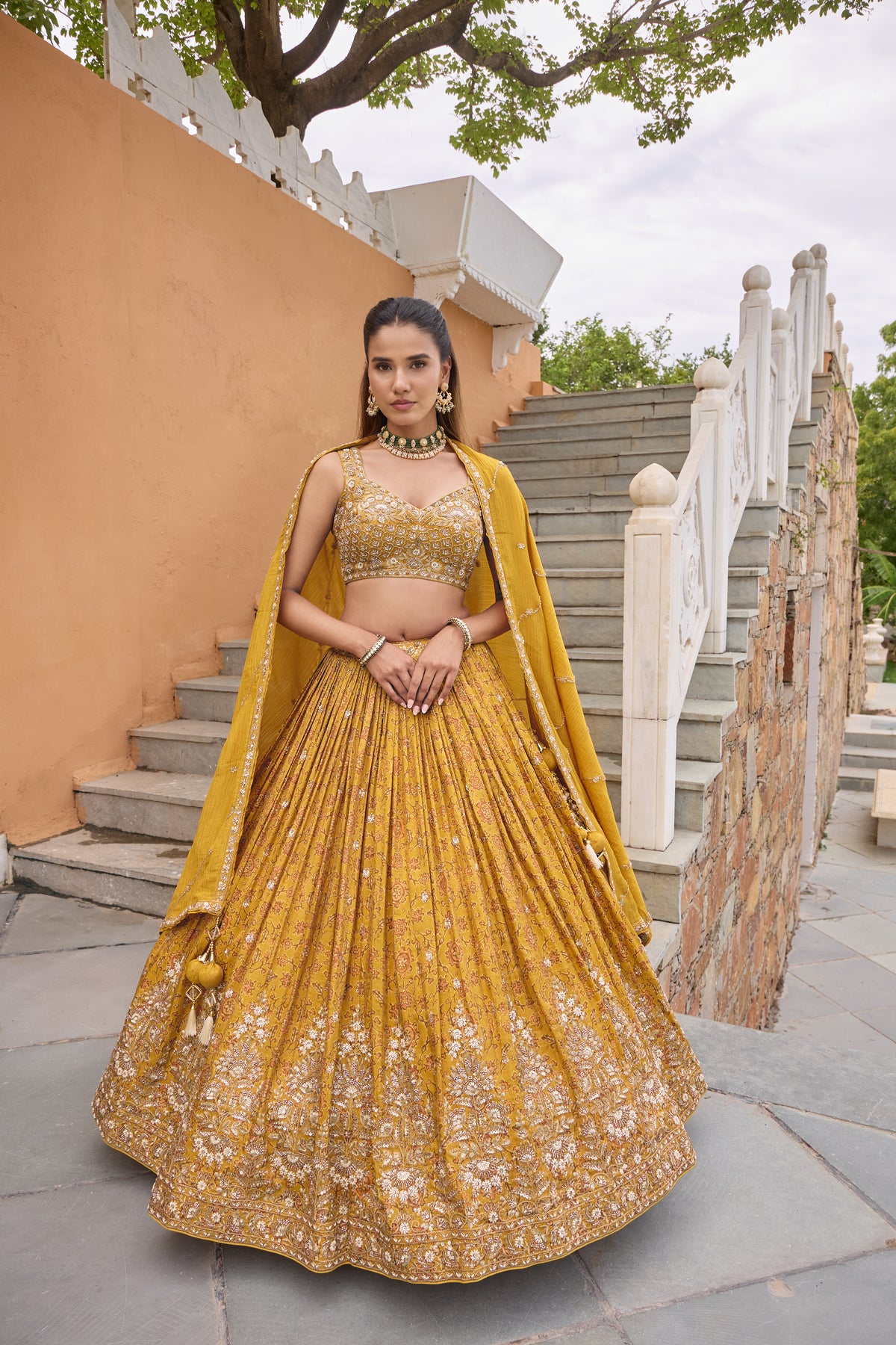 Preksha mustard floral printed lehenga set, full length with dupatta