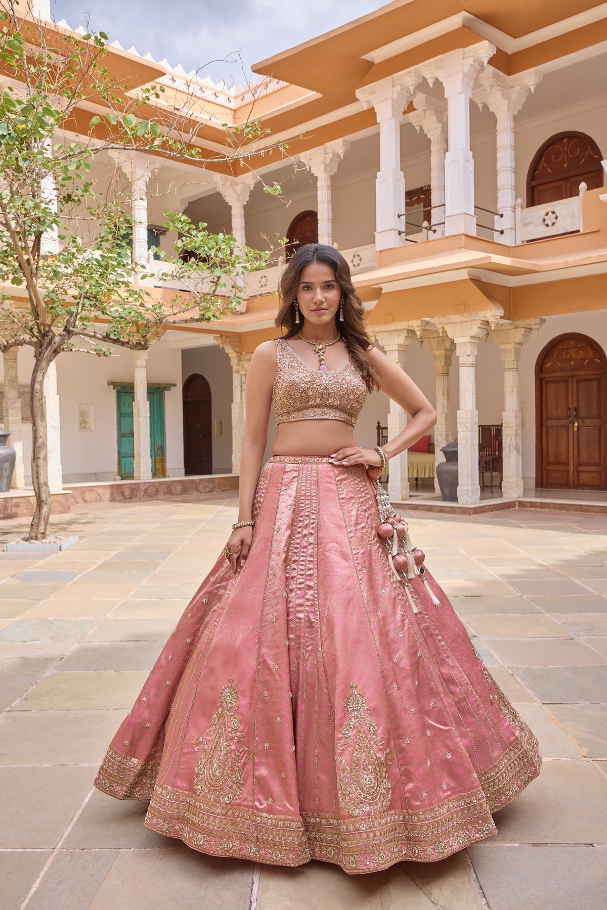 Prerna lehenga without dupatta, kalidar panels and paisley motifs