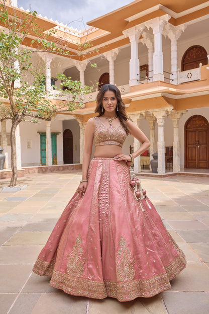 Prerna lehenga without dupatta, kalidar panels and paisley motifs