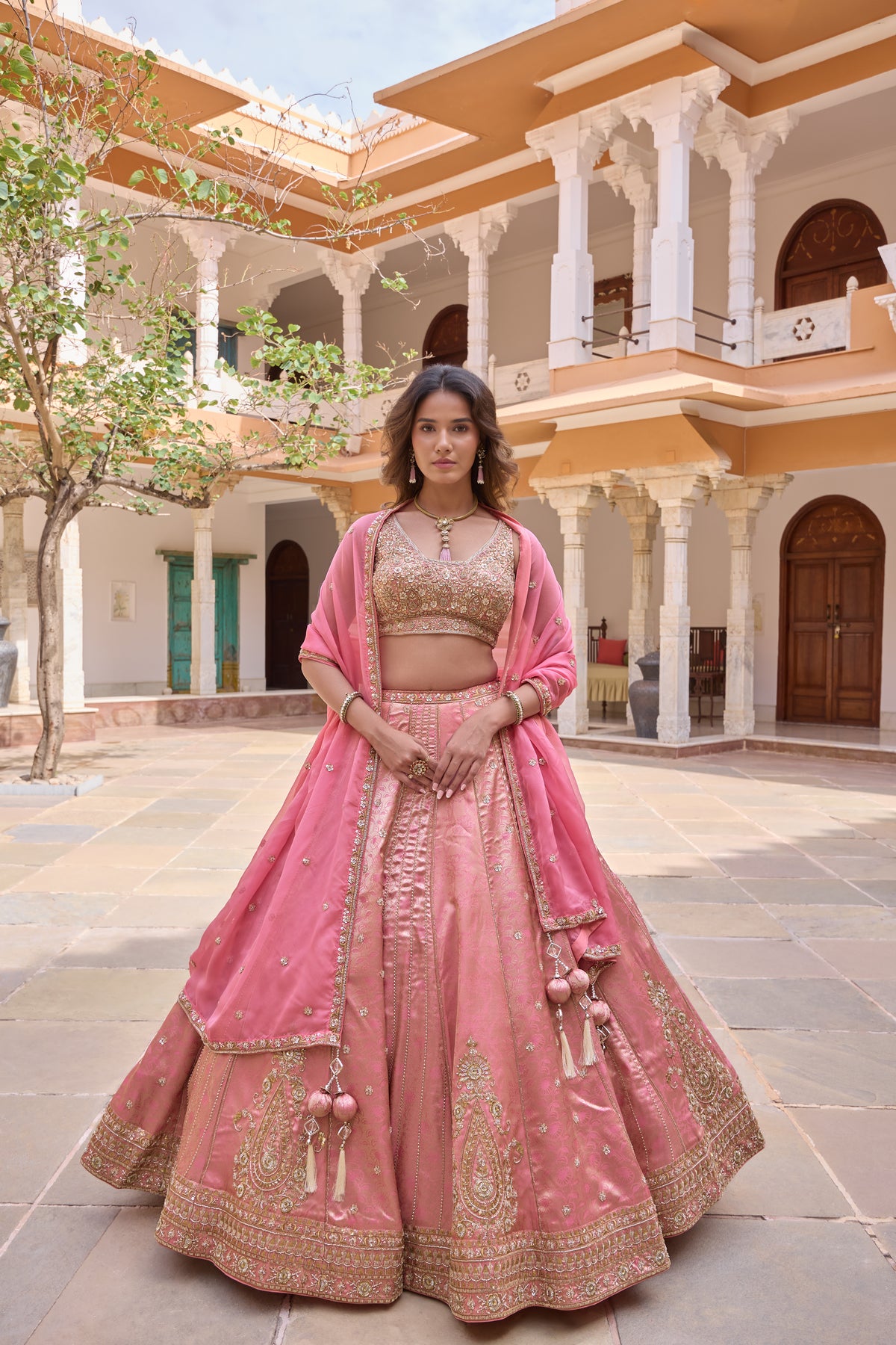 Prerna blush pink brocade kalidar lehenga set, full length with dupatta