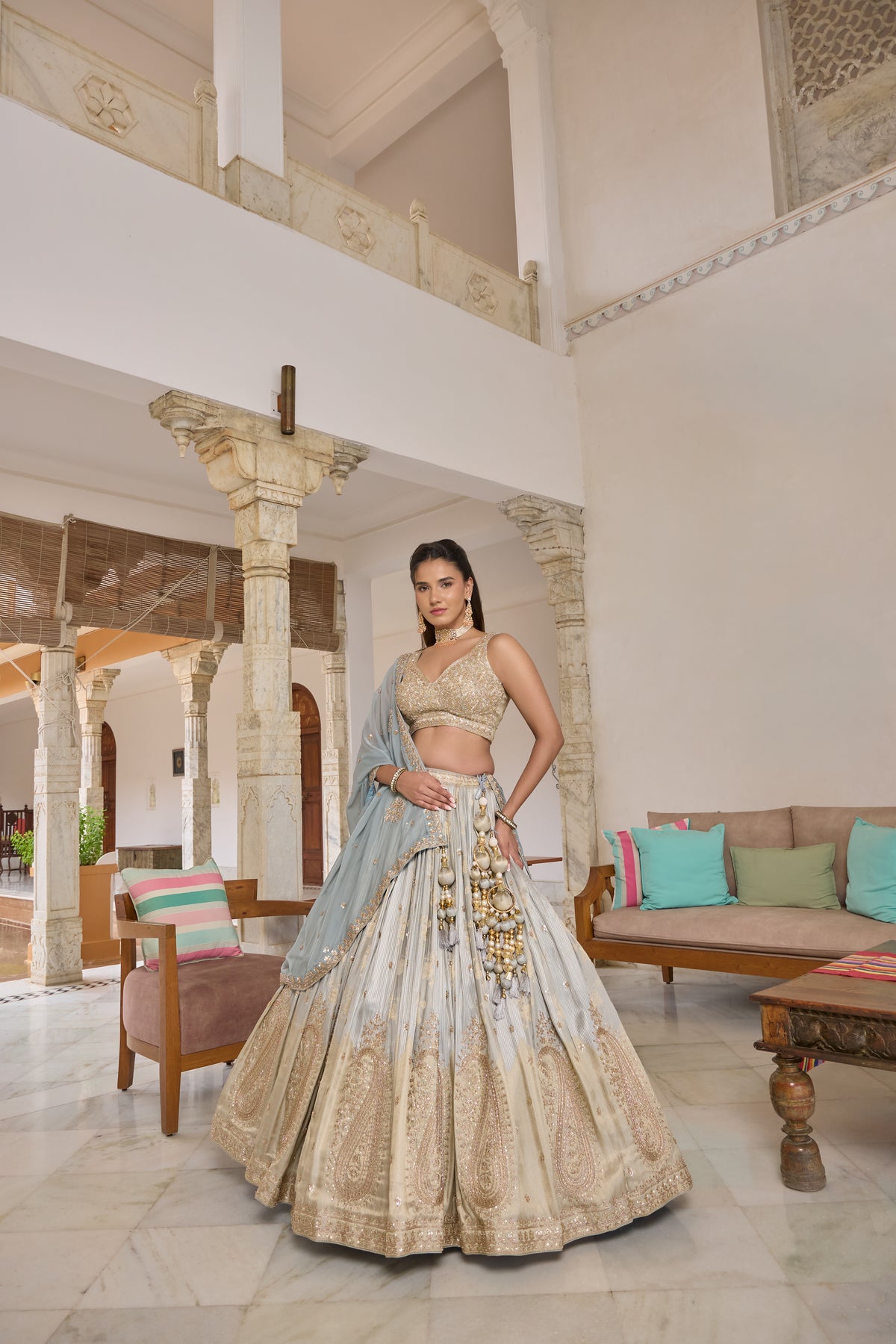 Priyanshi powder blue and gold paisley lehenga set, full length with dupatta