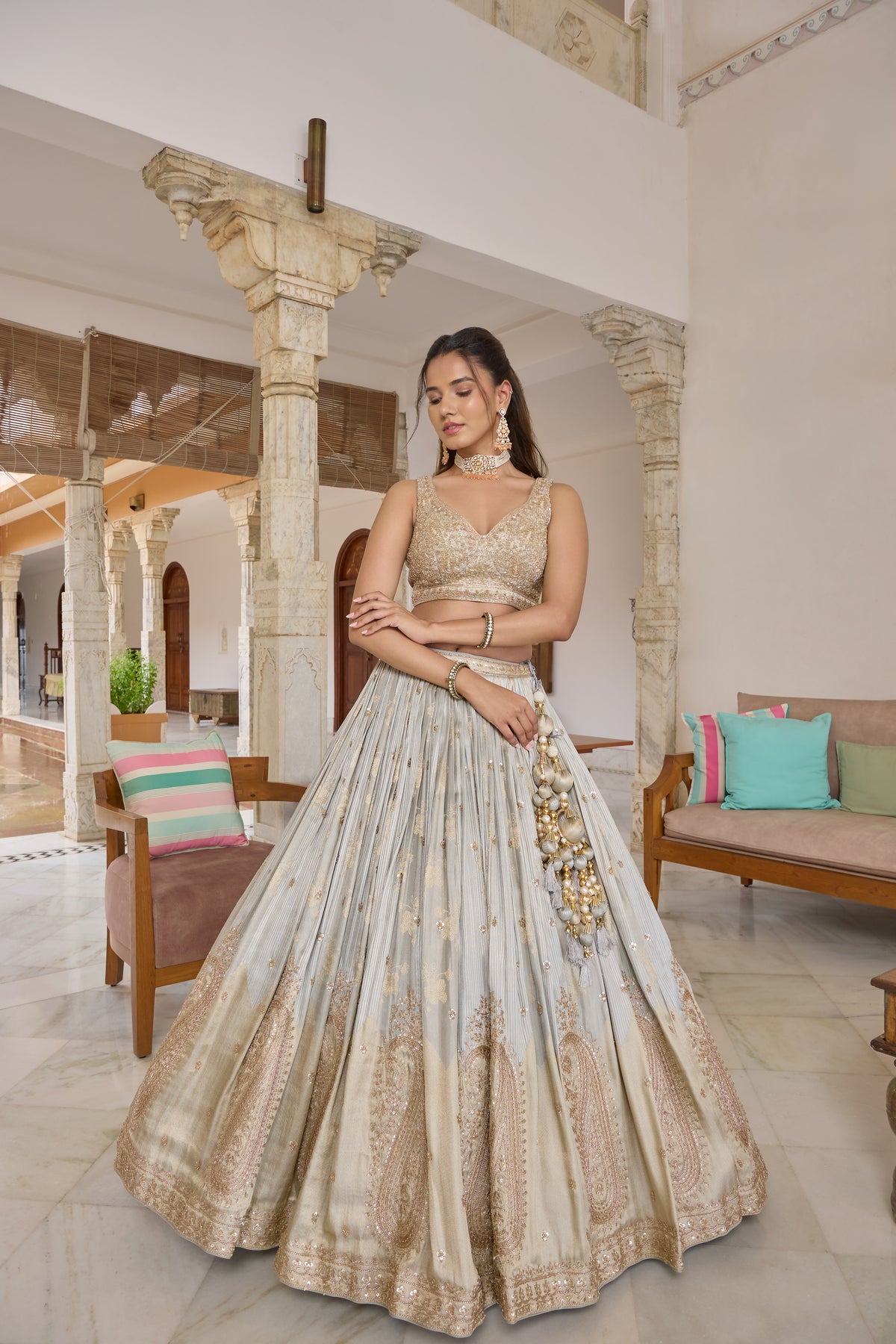 Priyanshi lehenga without dupatta, paisley panels and latkans