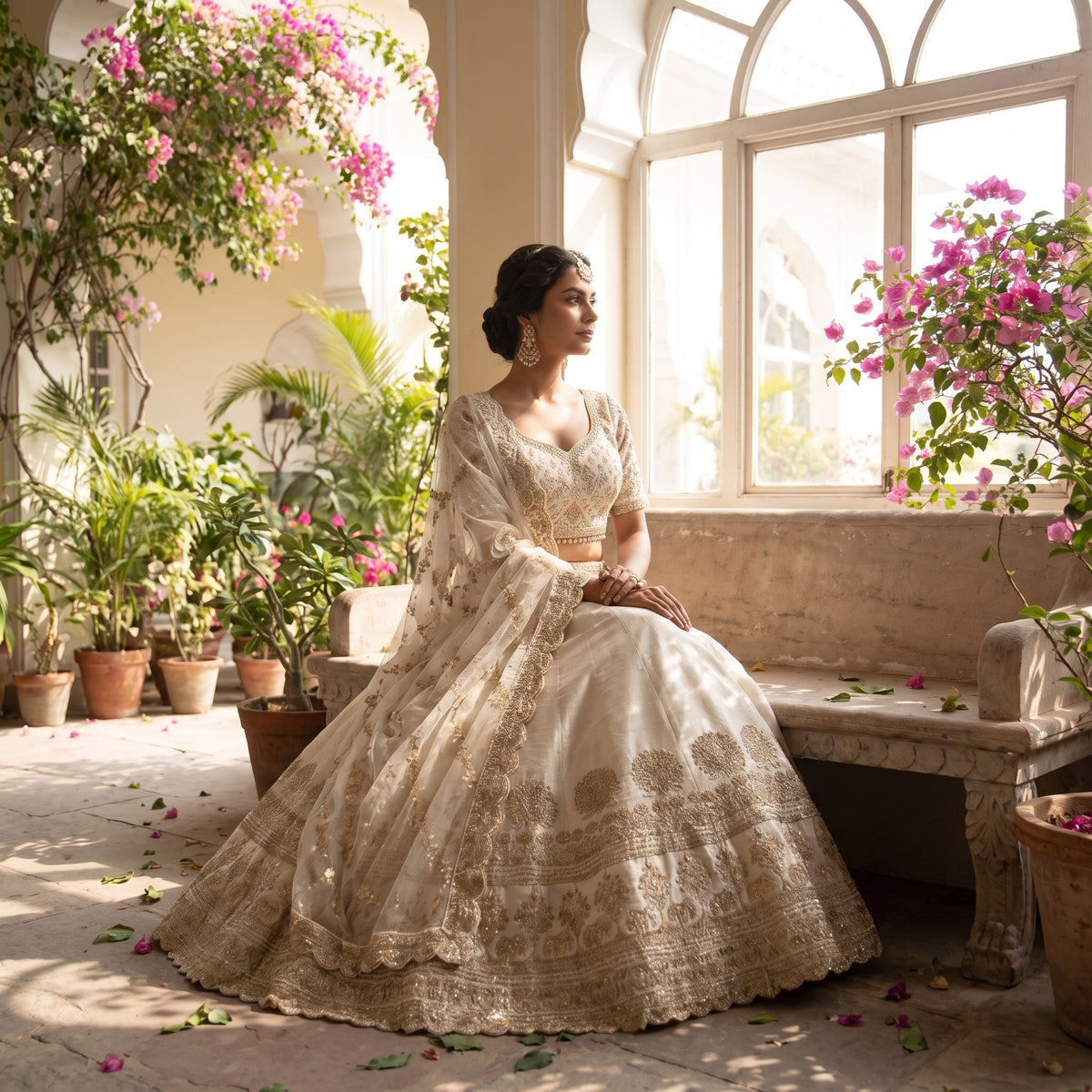 Ishani bridal lehenga, seated view of blouse and dupatta