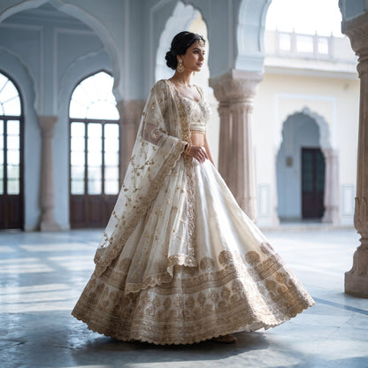 Ishani ivory and gold zardozi bridal lehenga set, full length