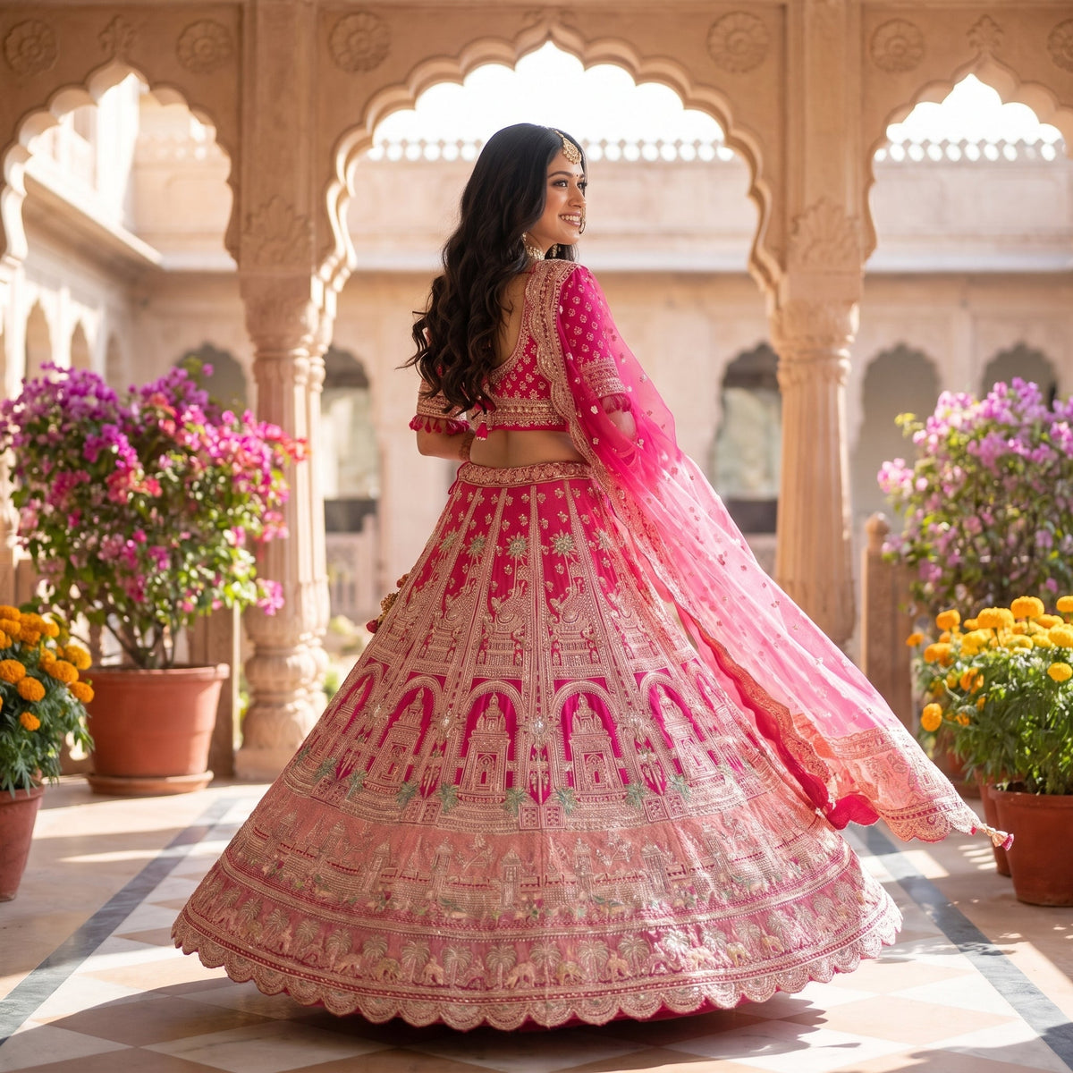 Hot pink bridal lehenga, back view with blouse and palace motif skirt