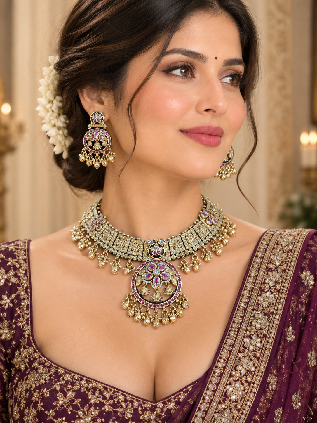Antique Gold-Plated Kundan Necklace Set with Purple Stones