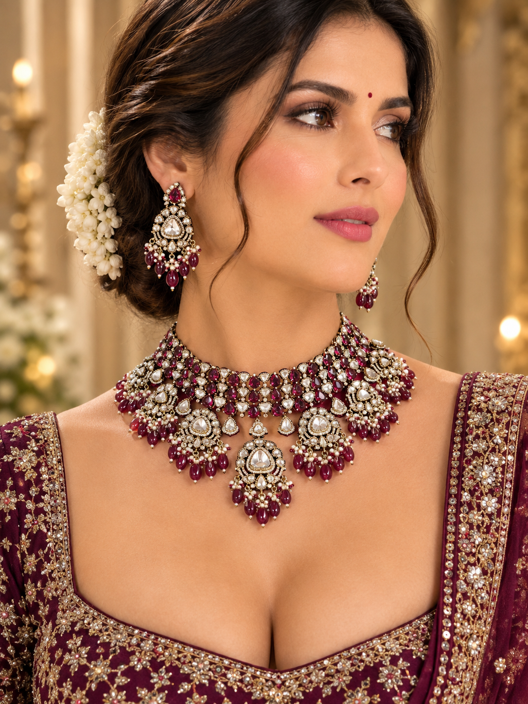 Ruby Red & Kundan Pearl Bridal Necklace Set