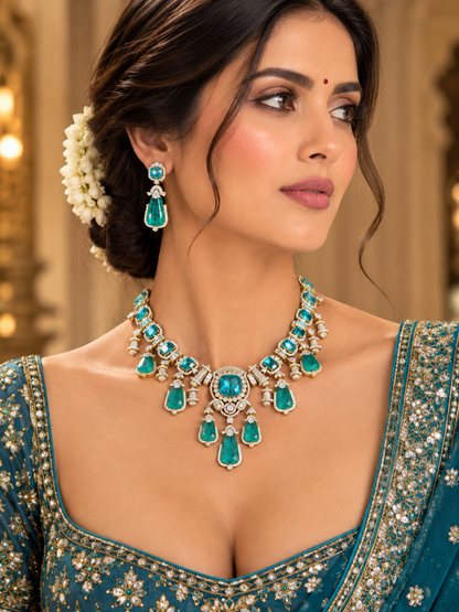 Emerald Green Stone Gold-Plated Bridal Necklace Set