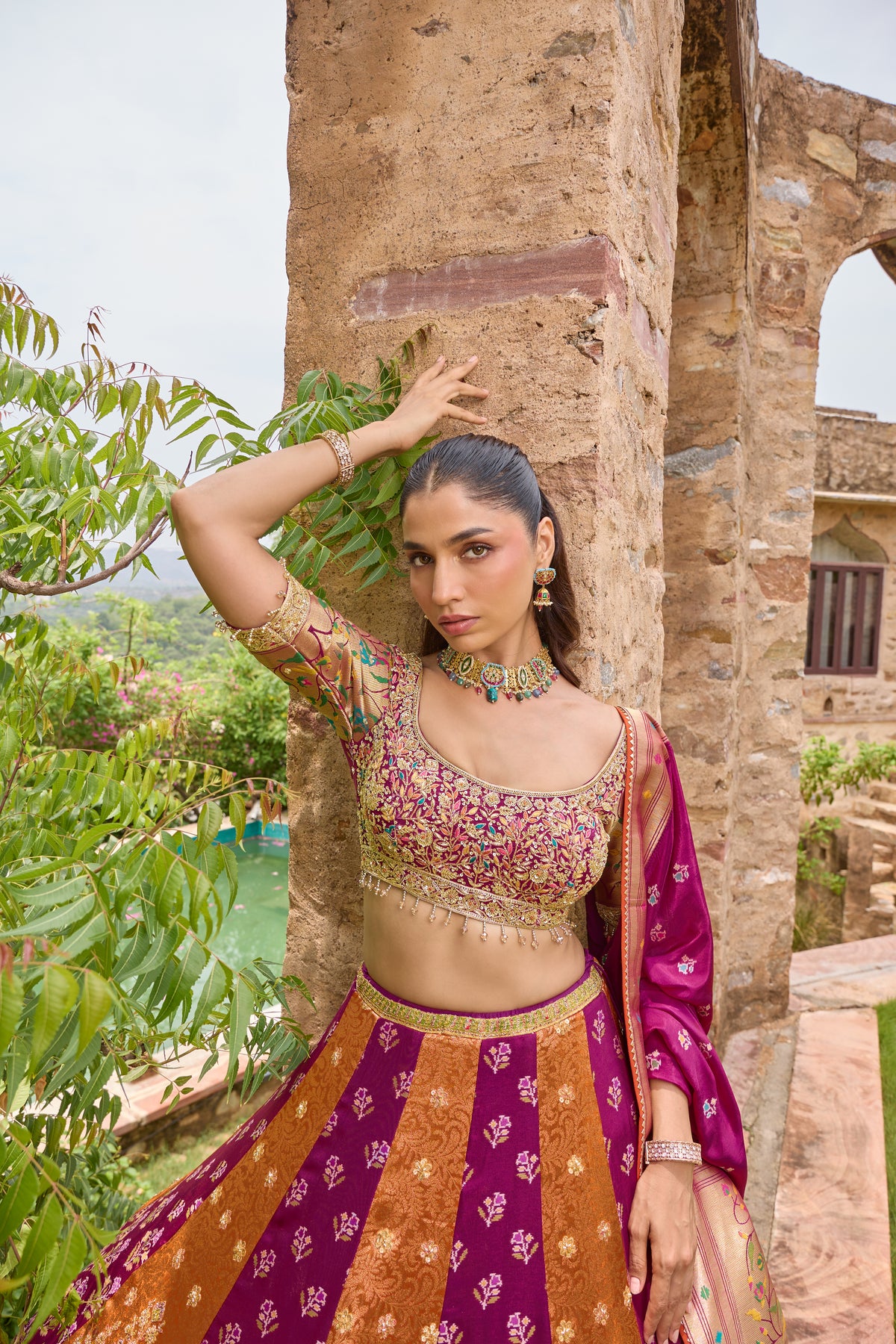 Sameeksha lehenga, embroidered blouse and paithani sleeve detail