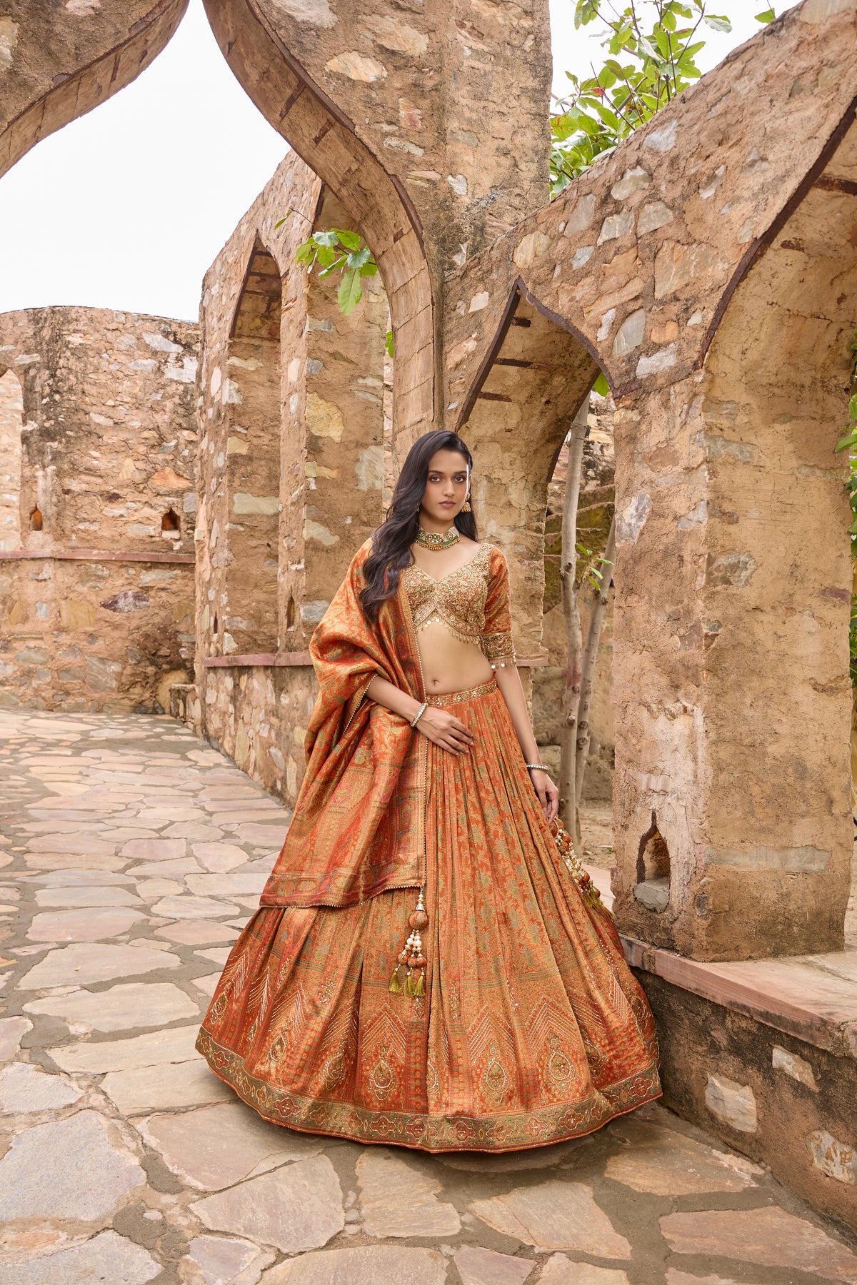 Saubhagya burnt orange woven lehenga set, full length with dupatta