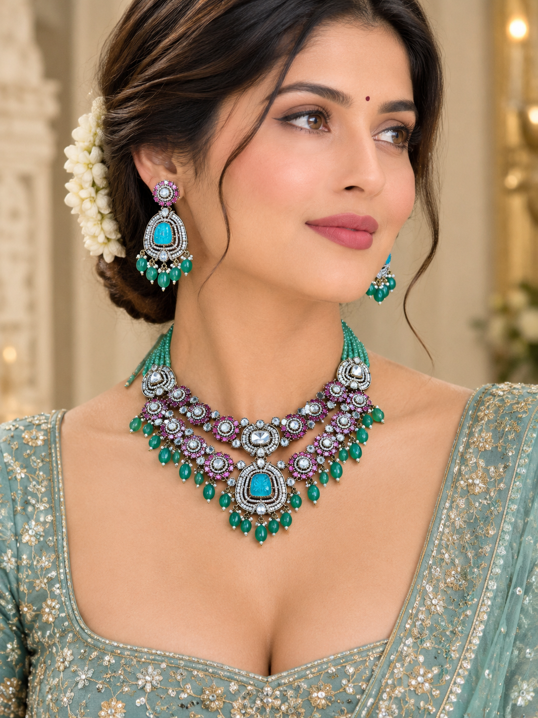 Premium Silver-Tone Necklace Set with Turquoise Stones, Purple Accents & Green Bead Drops