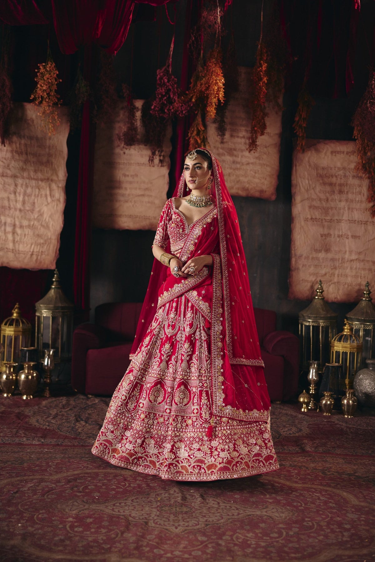 Crimson red bridal lehenga, full length with dupatta