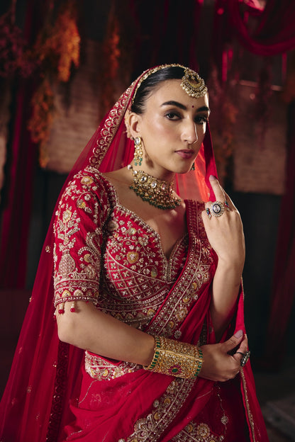 Crimson red bridal lehenga, embroidered blouse detail