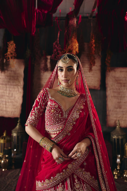 Crimson red bridal lehenga, front blouse view