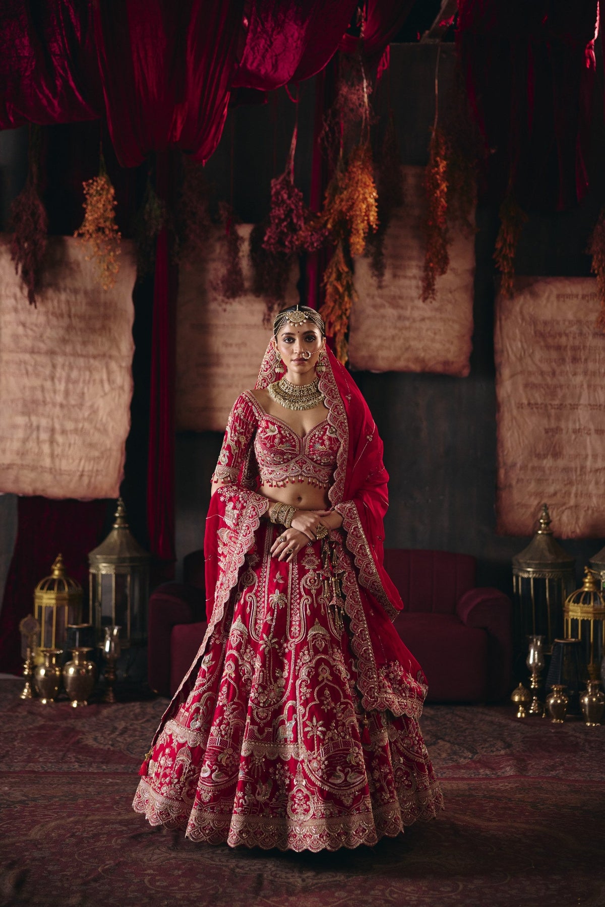 Red bird motif embroidered bridal lehenga set, full length