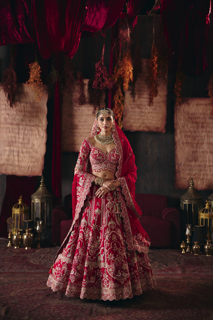 Red bird motif embroidered bridal lehenga set, full length