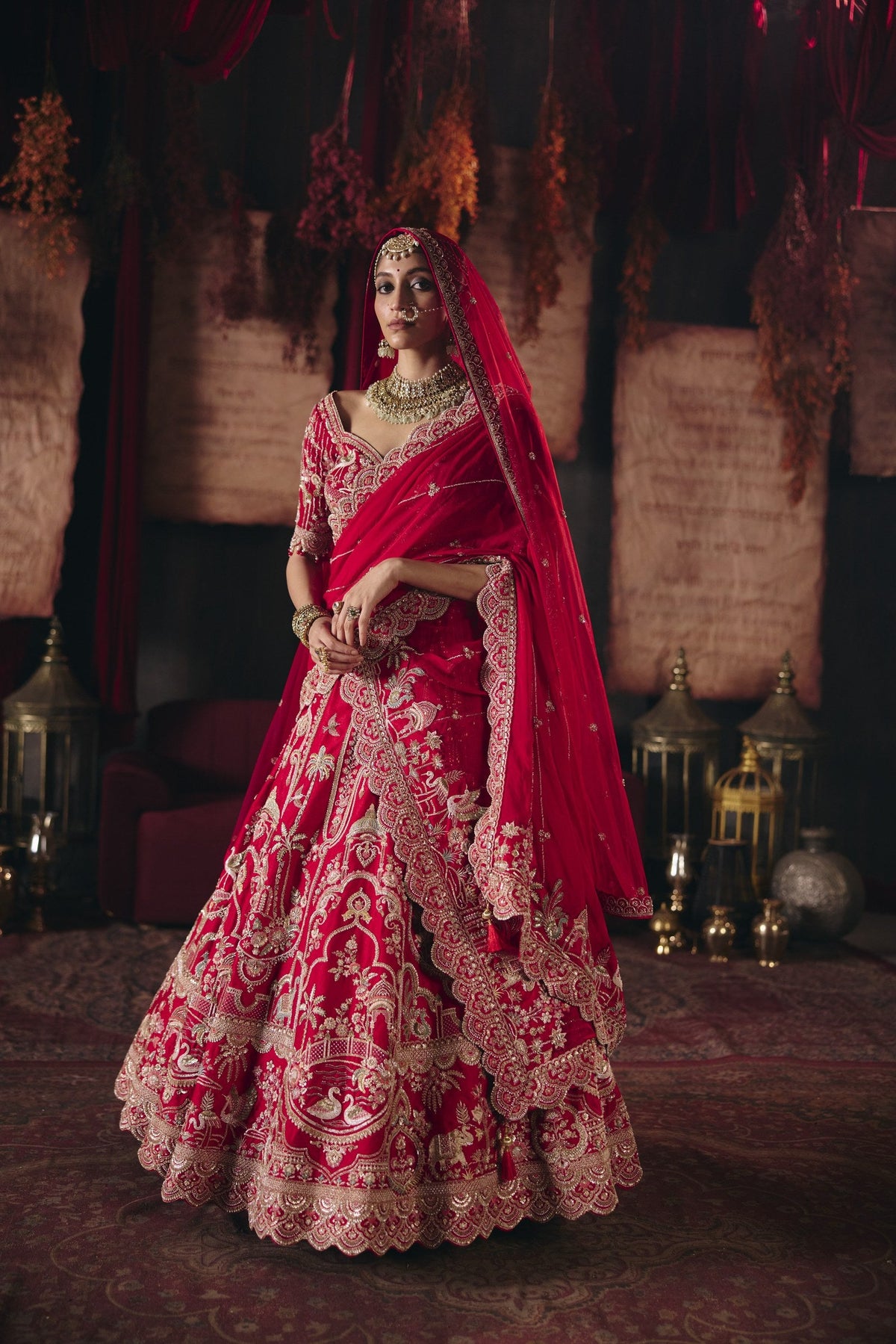 Red bird motif bridal lehenga, full length with dupatta