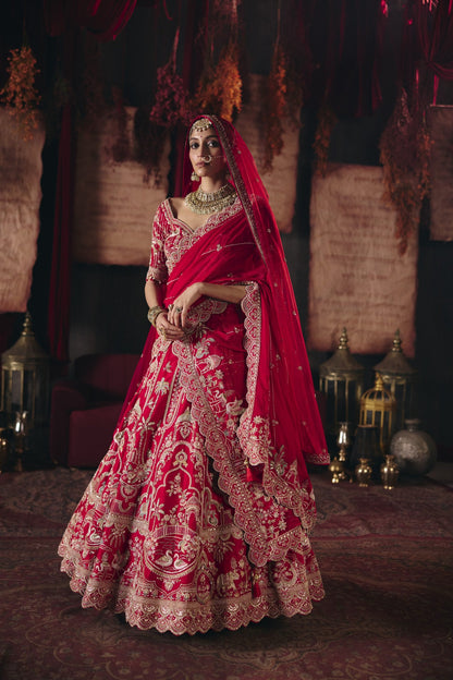 Red bird motif bridal lehenga, full length with dupatta