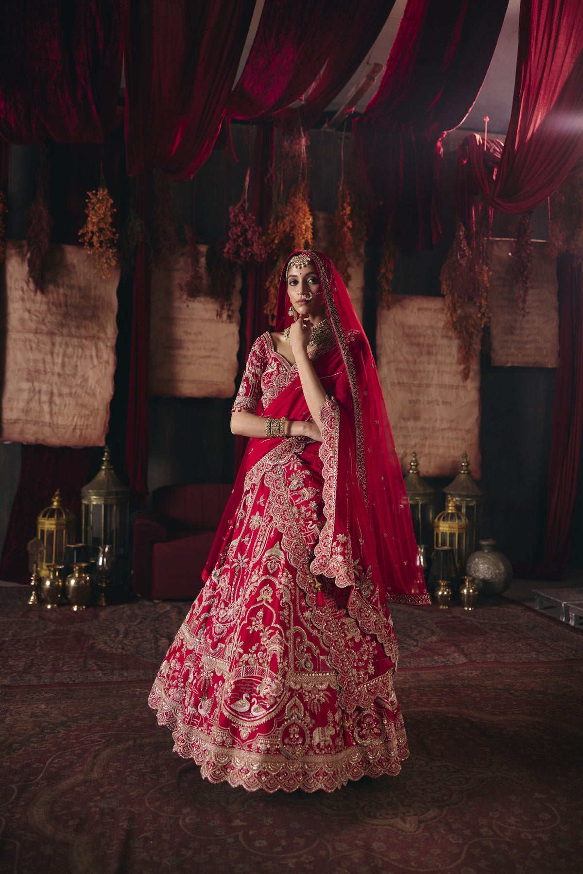 Red bird motif bridal lehenga, side view