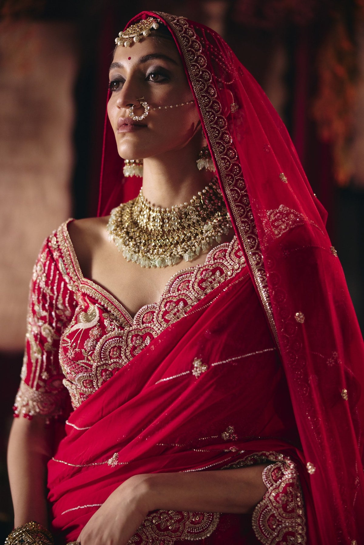 Red bird motif bridal lehenga, blouse close-up