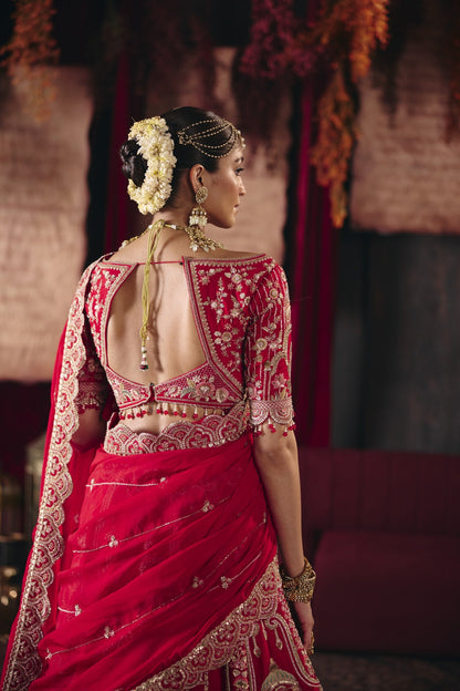 Red bird motif bridal lehenga, keyhole back with tassels