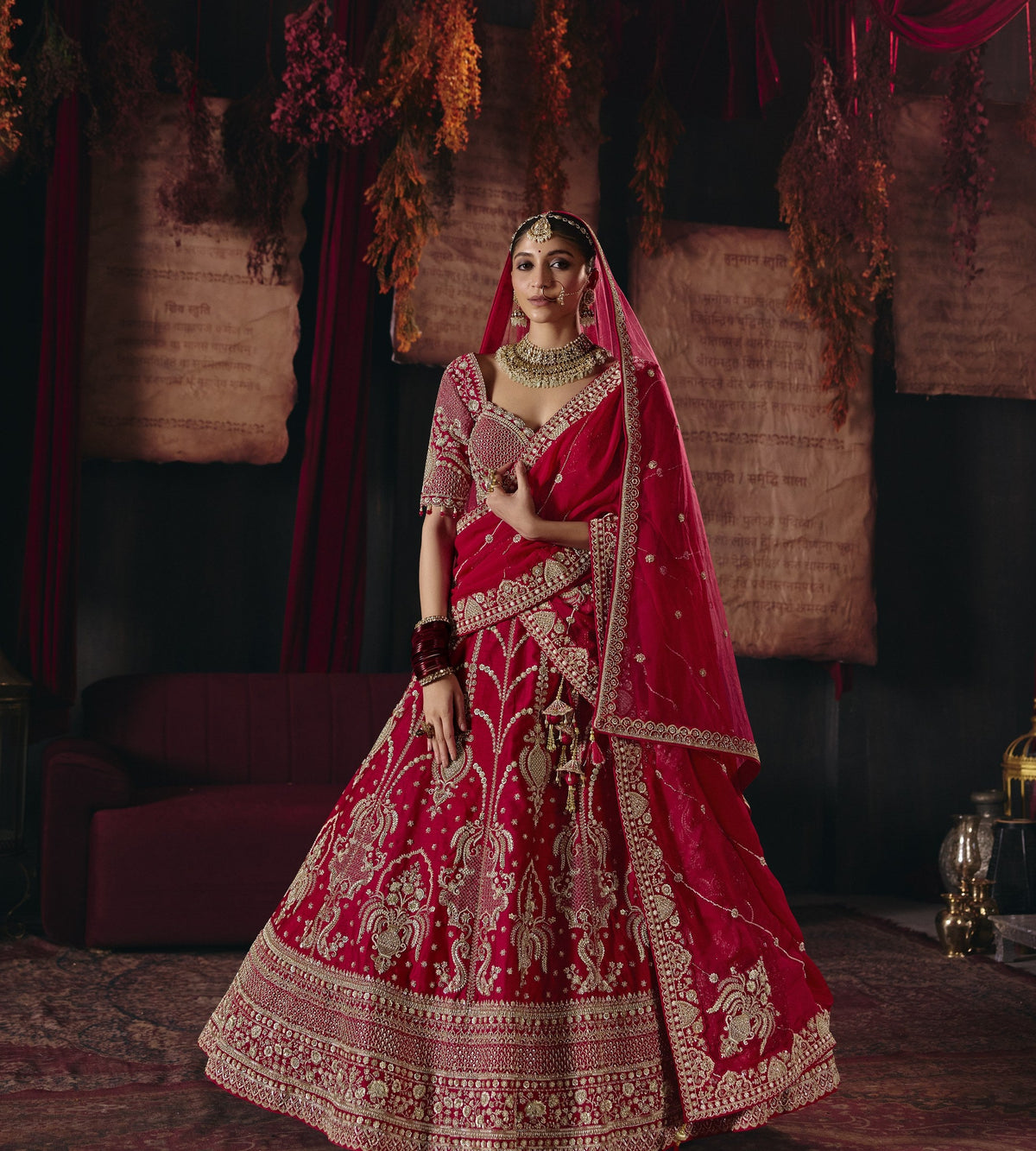 Cherry red kalka motif bridal lehenga set, full length