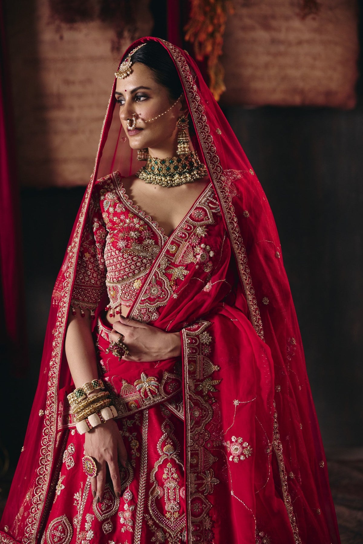 Red palace and peacock bridal lehenga, blouse and dupatta
