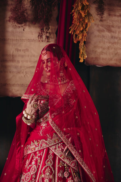 Red palace and peacock bridal lehenga with dupatta over the head