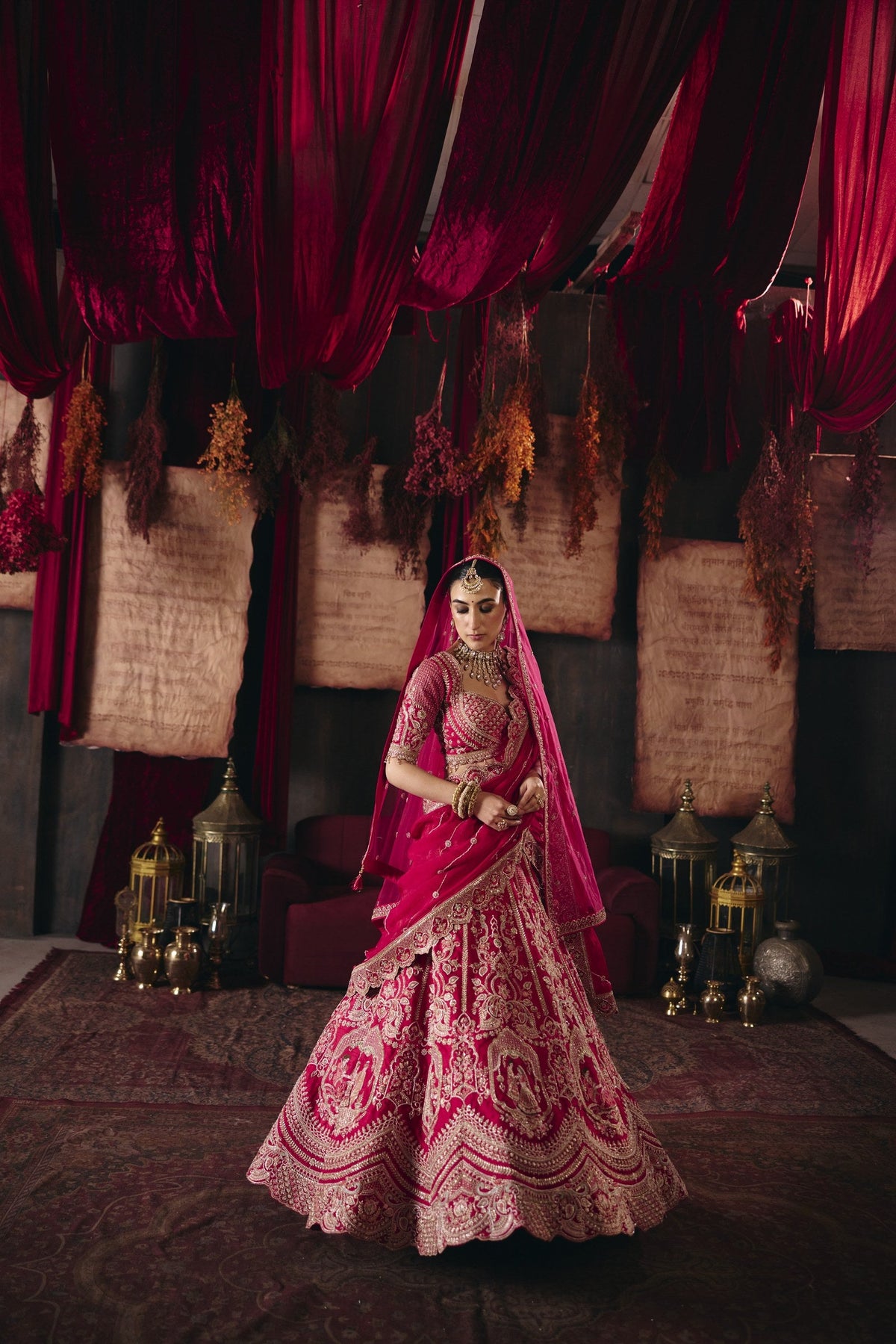 Deep pink scalloped hem bridal lehenga set, full length