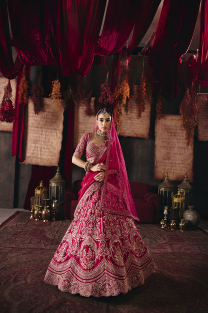Deep pink bridal lehenga, full length front view