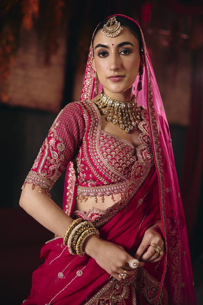 Deep pink bridal lehenga, blouse close-up