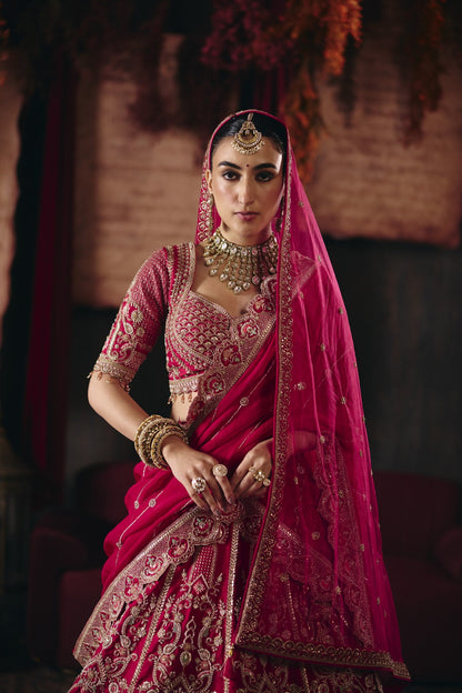 Deep pink bridal lehenga, blouse and dupatta