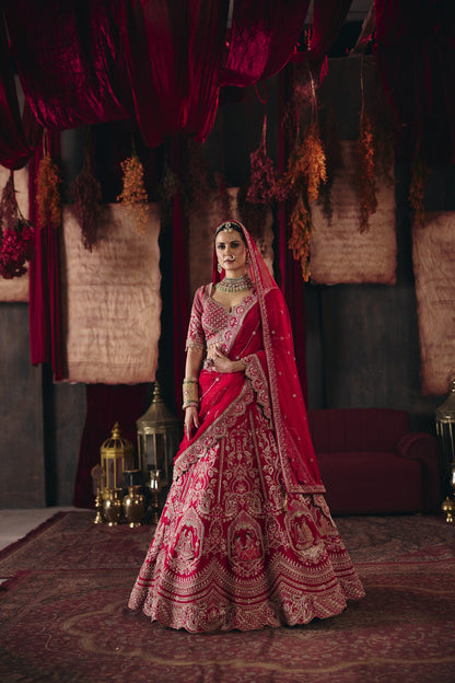 Scarlet red scalloped dupatta bridal lehenga set, full length