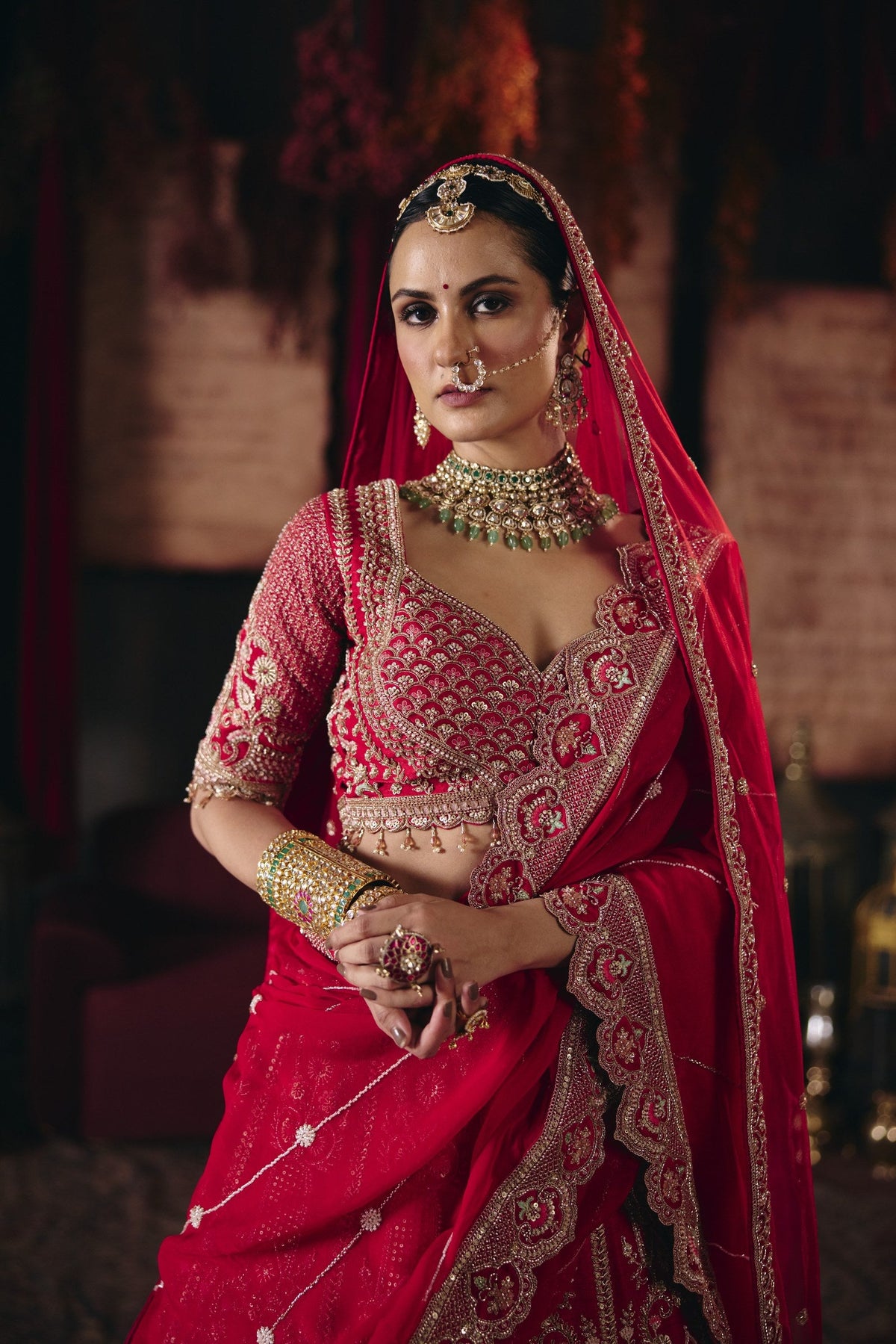 Scarlet red bridal lehenga, blouse close-up
