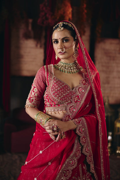 Scarlet red bridal lehenga, blouse close-up