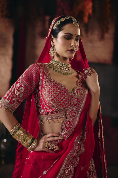 Scarlet red bridal lehenga, embroidered blouse detail