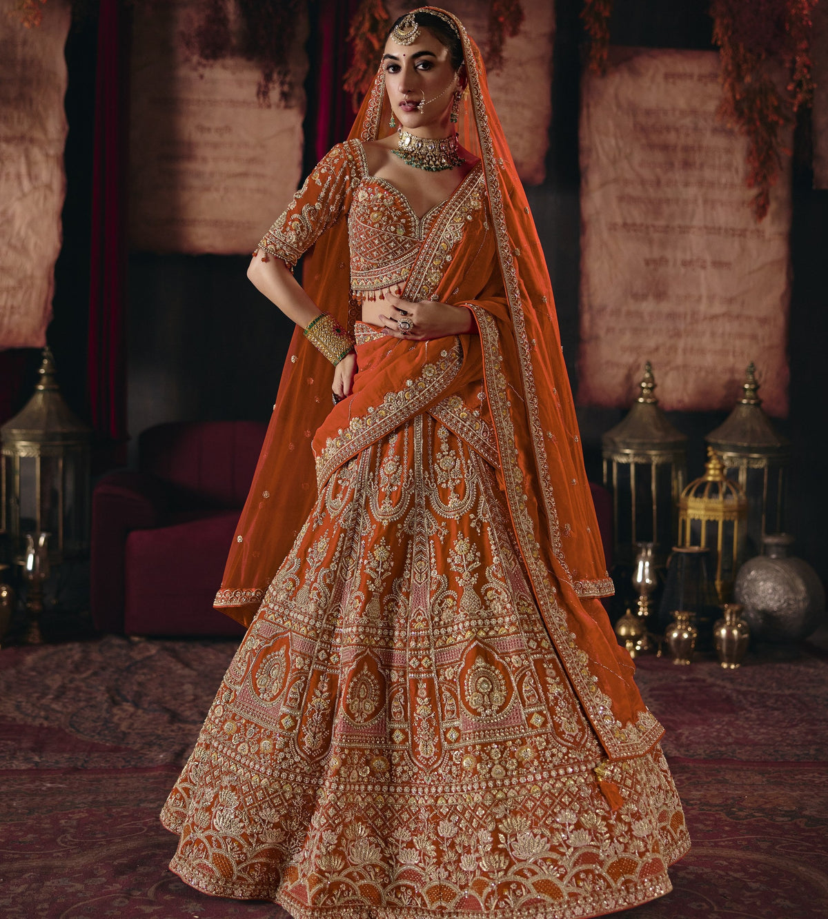 Rust orange multicolour embroidered bridal lehenga set, full length
