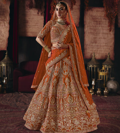 Rust orange multicolour embroidered bridal lehenga set, full length