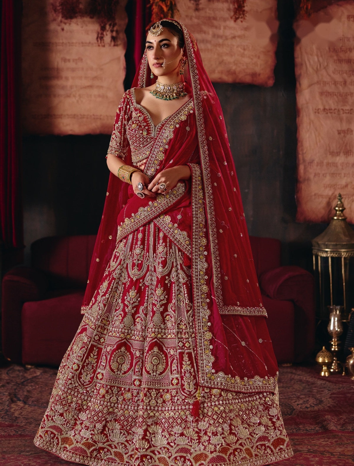 Maroon red lotus border bridal lehenga set, full length