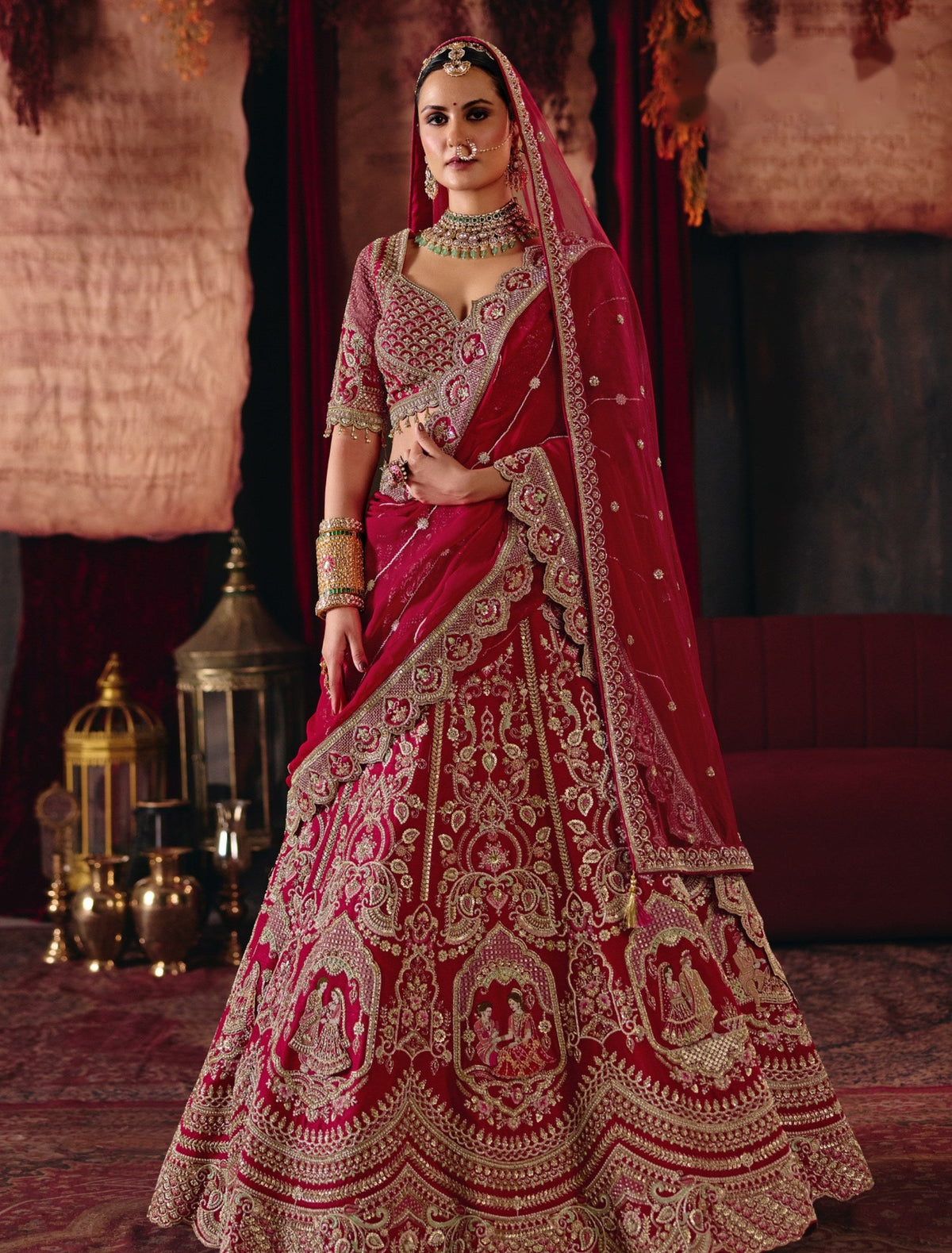 Red wedding procession motif bridal lehenga set, full length