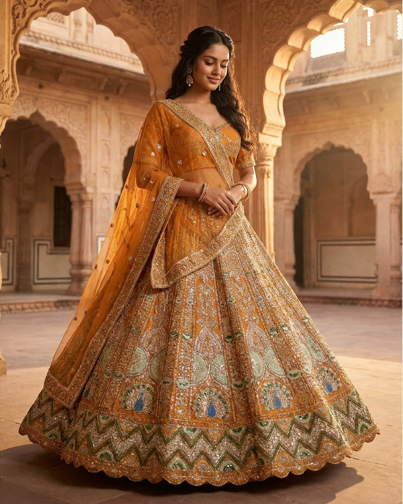 Mustard bridal lehenga with net dupatta draped across