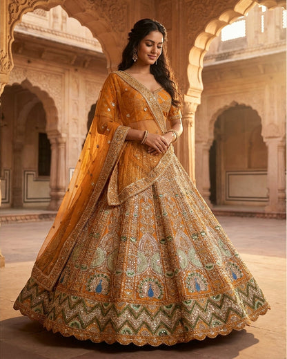 Mustard bridal lehenga with net dupatta draped across