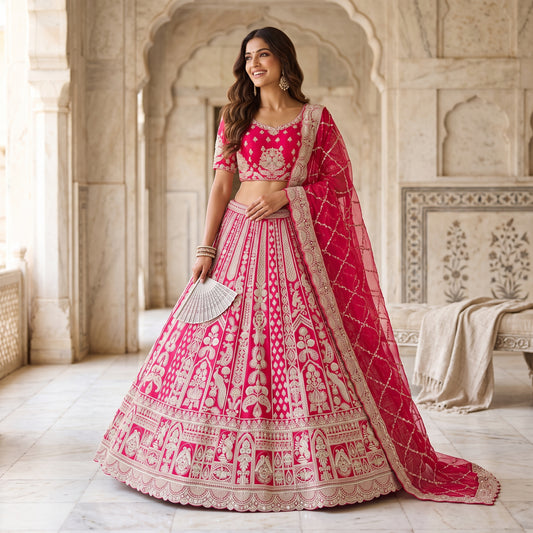 Rani pink and silver embroidered bridal lehenga set, full length with net dupatta
