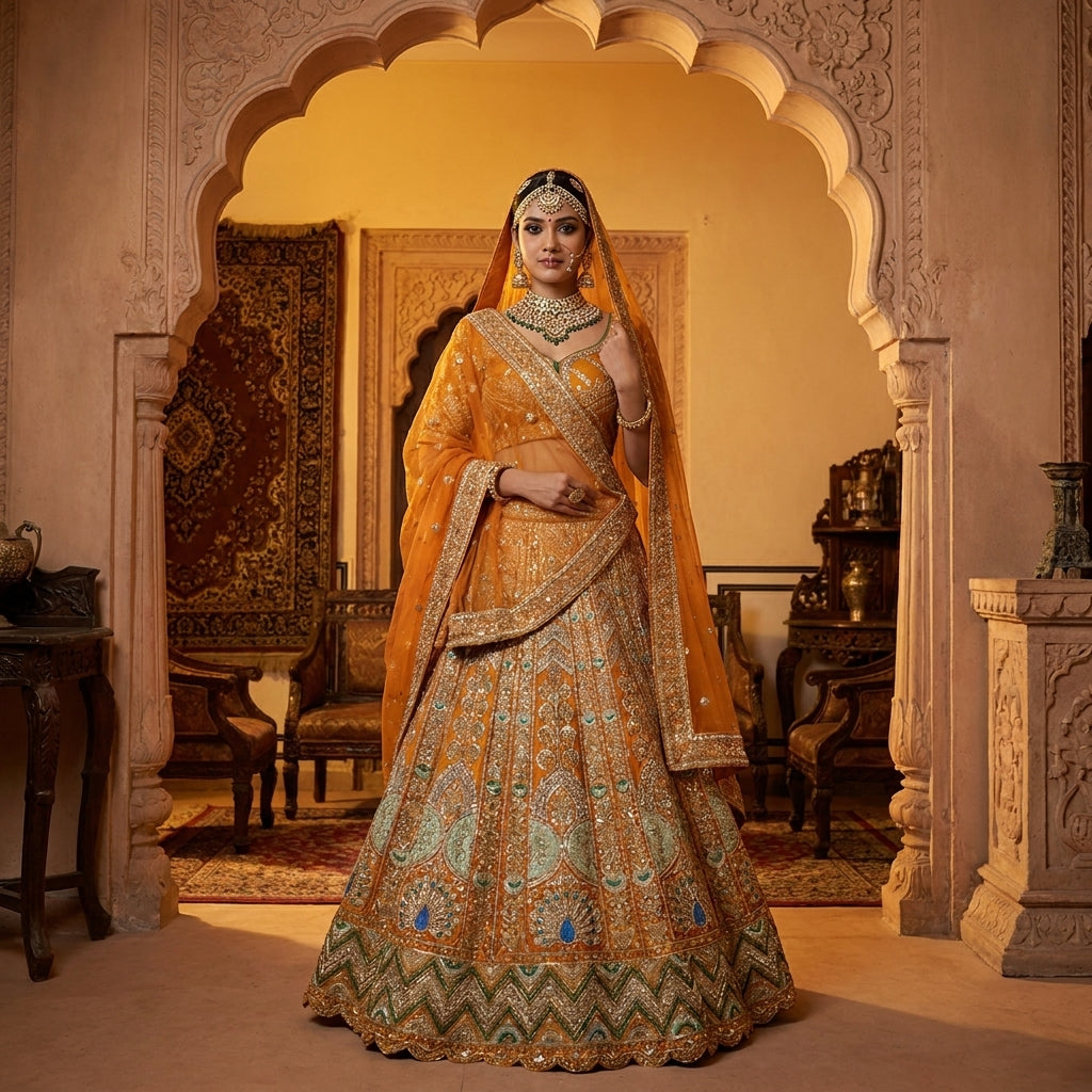 Mustard peacock embroidered bridal lehenga set, full length with dupatta over the head
